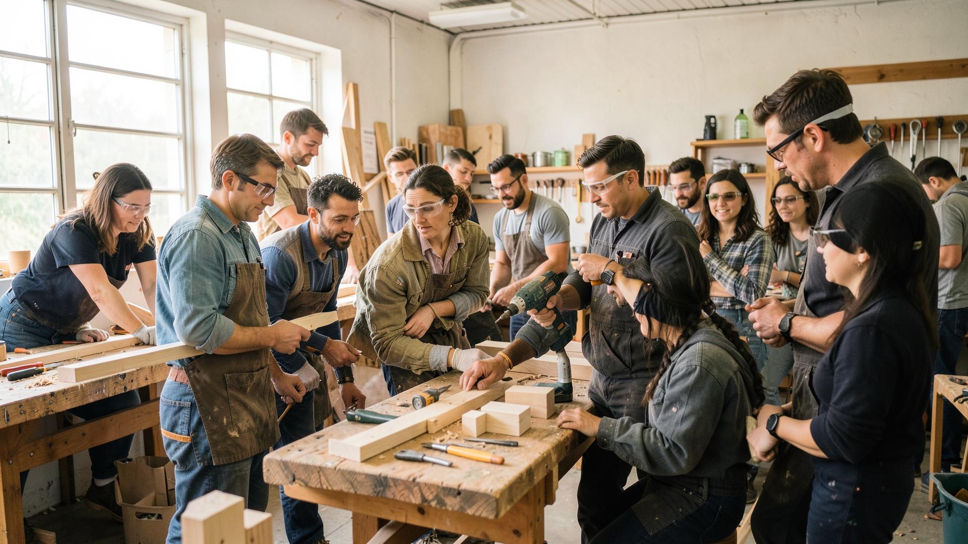 Adults participating in hands-on skilled-trades training in a workshop
